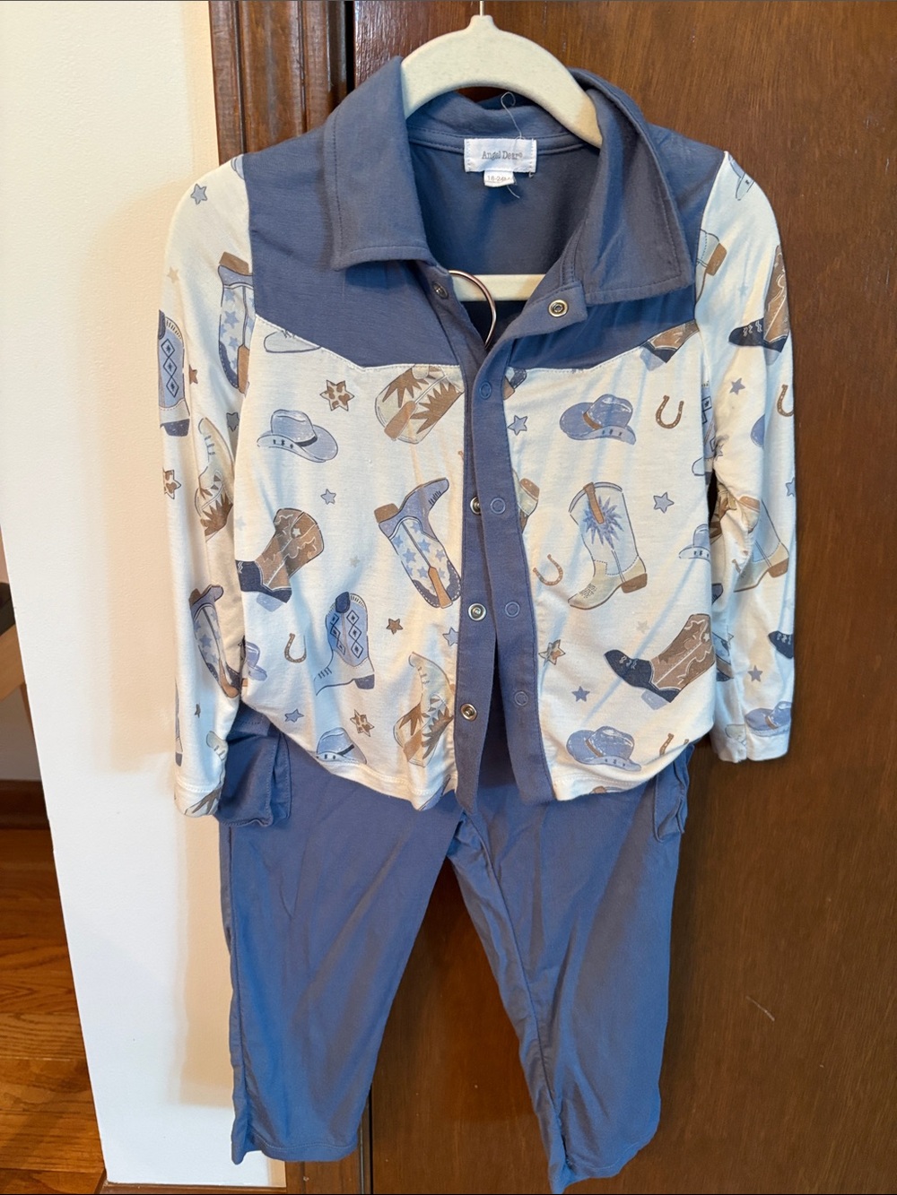 Angel Dear Blue and Cream Cowboy Print Kids Matching Set